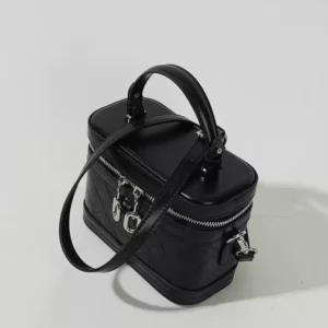 Black Genuine Leather Mini Box Bucket Bag – High-End Everyday Crossbody
