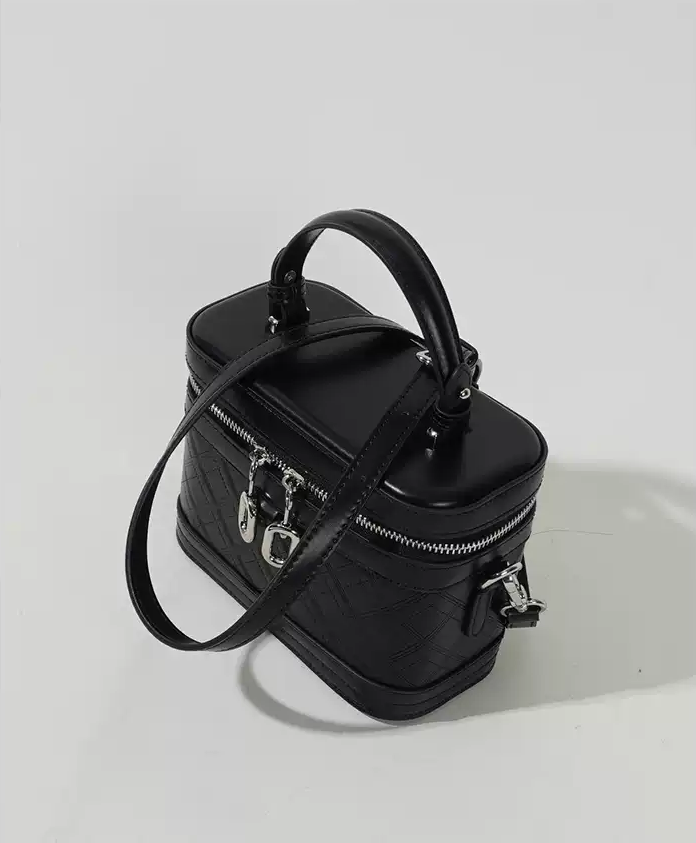 Black Genuine Leather Mini Box Bucket Bag – High-End Everyday Crossbody