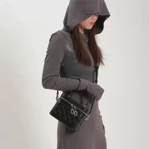 Black Genuine Leather Mini Box Bucket Bag – High-End Everyday Crossbody