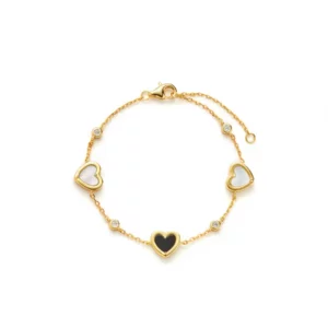 Double-Sided Heart Bracelet in S925 Sterling Silver, 18K Gold Plated with Black Onyx & Pearl