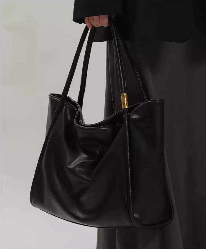 Genuine Leather Black Tote Bag – Soft Cowhide, Large-Capacity, Convertible Straps