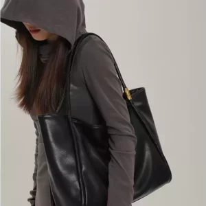 Genuine Leather Black Tote Bag – Soft Cowhide, Large-Capacity, Convertible Straps