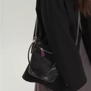 Genuine Leather Mini Bucket Bag with Chain Strap – Shoulder & Crossbody Bag