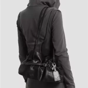 Genuine Leather Soft-Drape Bucket Shoulder Tote – Black Underarm Bag