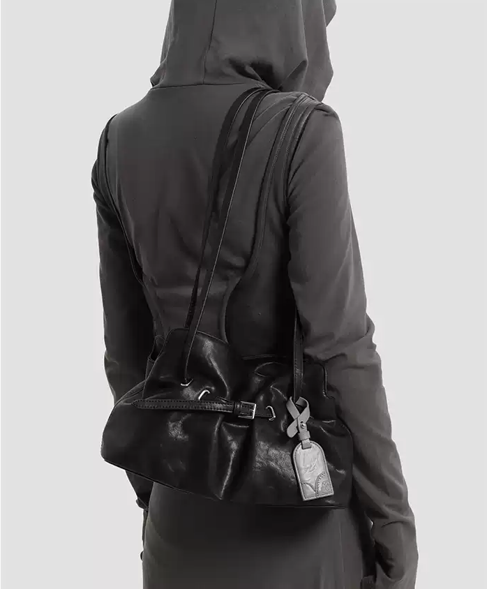 Genuine Leather Soft-Drape Bucket Shoulder Tote – Black Underarm Bag