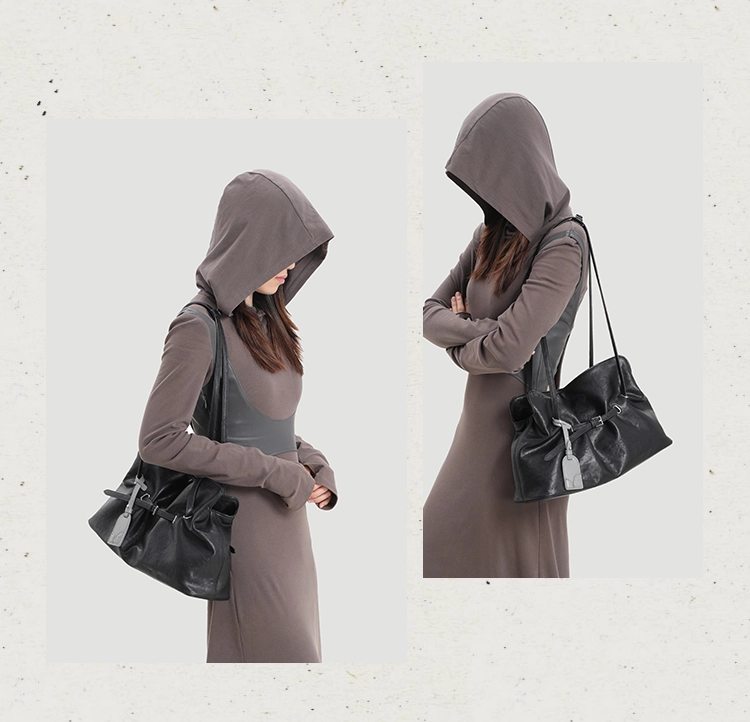 Genuine Leather Soft-Drape Bucket Shoulder Tote – Black Underarm Bag - Image 9