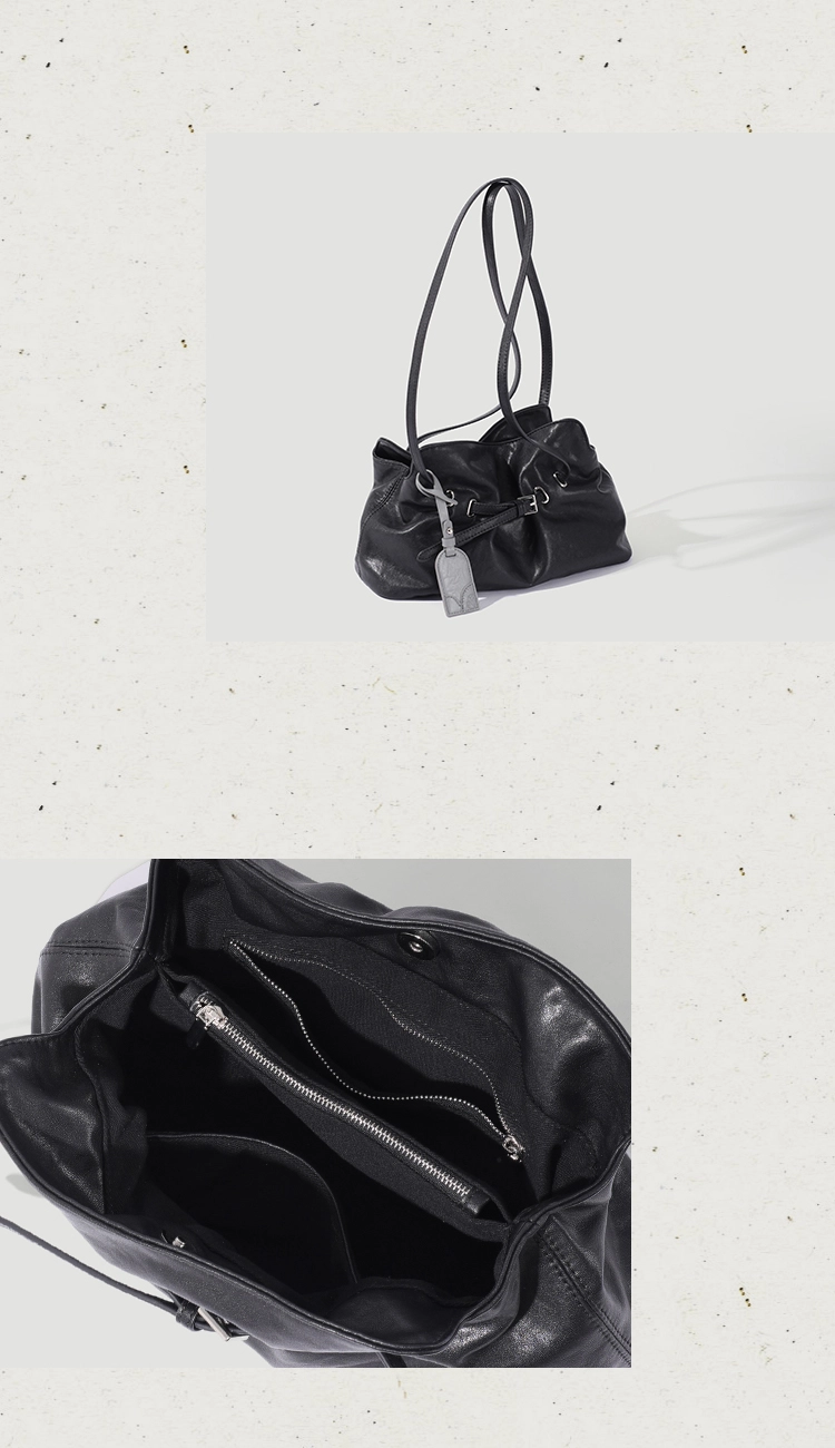 Genuine Leather Soft-Drape Bucket Shoulder Tote – Black Underarm Bag - Image 15