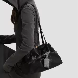 Genuine Leather Soft-Drape Bucket Shoulder Tote – Black Underarm Bag