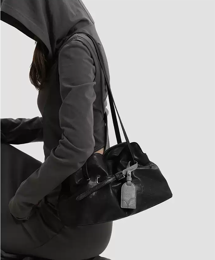 Genuine Leather Soft-Drape Bucket Shoulder Tote – Black Underarm Bag - Image 2