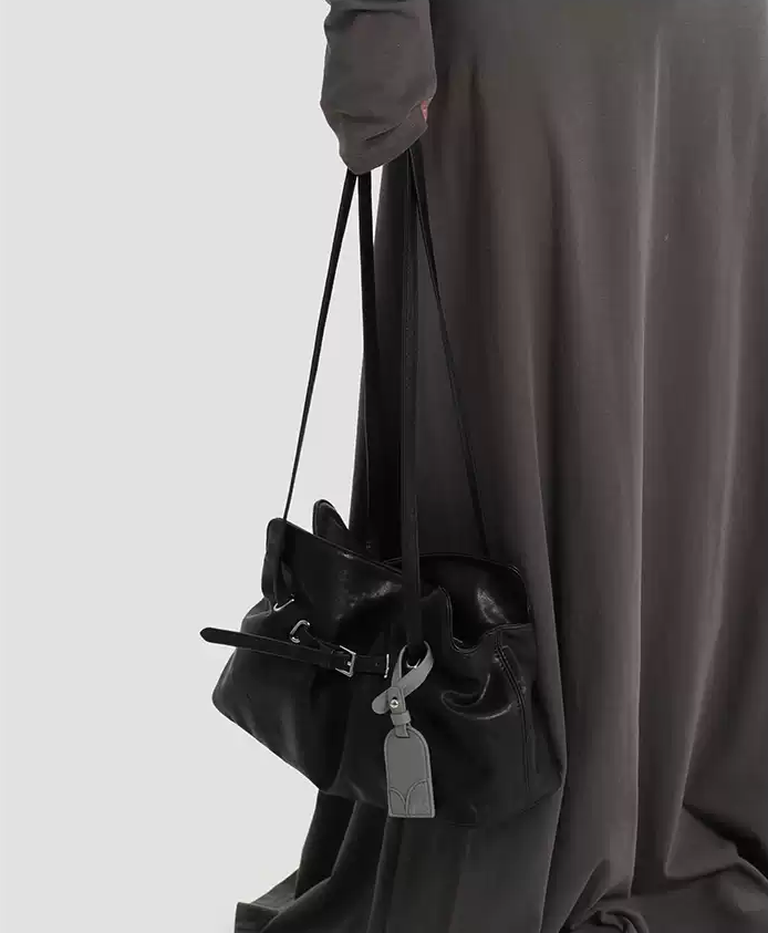 Genuine Leather Soft-Drape Bucket Shoulder Tote – Black Underarm Bag - Image 3