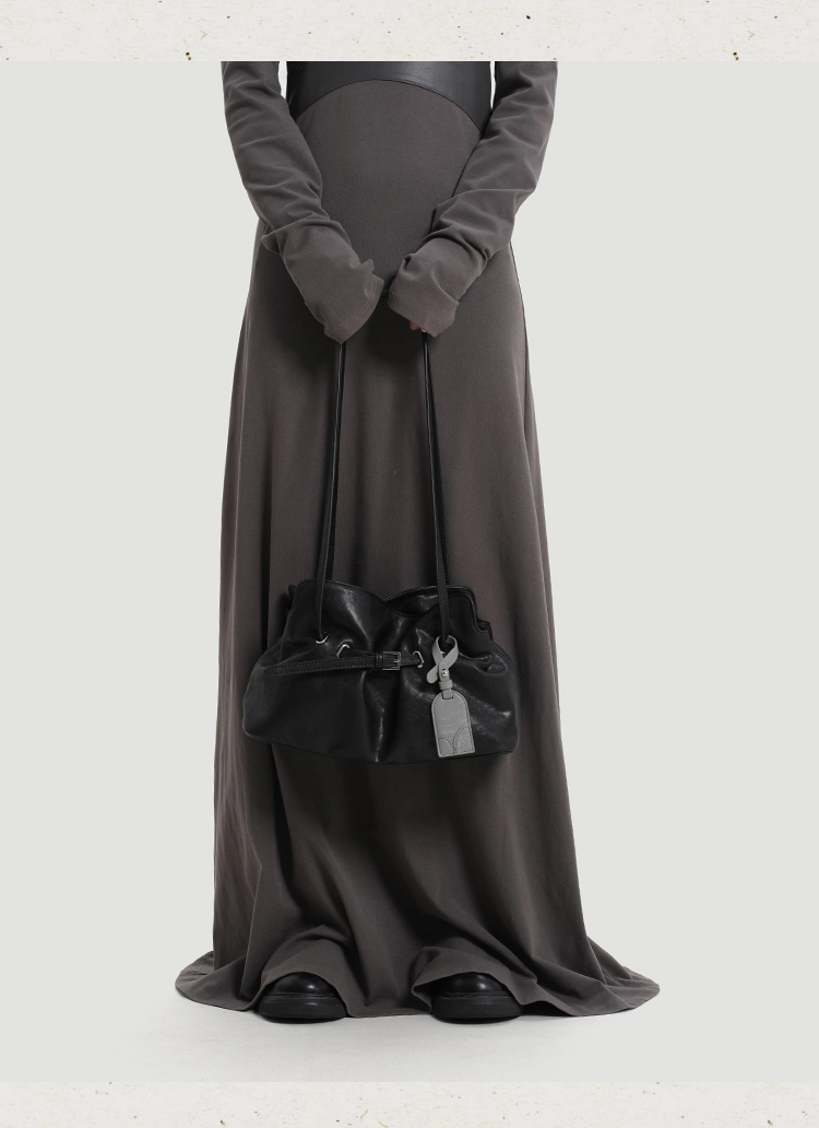 Genuine Leather Soft-Drape Bucket Shoulder Tote – Black Underarm Bag - Image 5