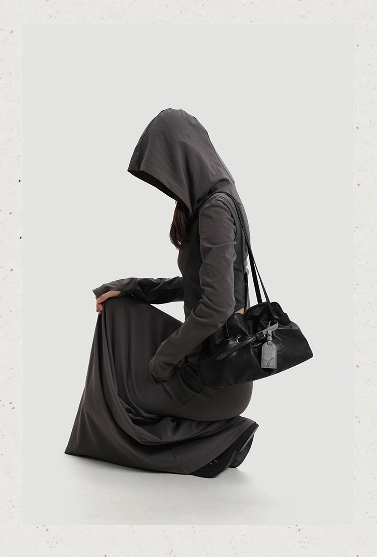 Genuine Leather Soft-Drape Bucket Shoulder Tote – Black Underarm Bag - Image 6