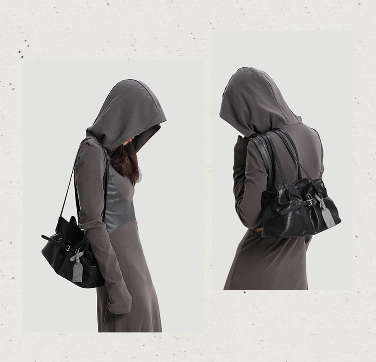 Genuine Leather Soft-Drape Bucket Shoulder Tote – Black Underarm Bag - Image 7