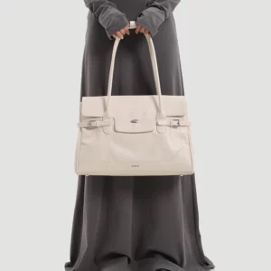 Cow Split Leather Wide Rectangular Tote Bag with Zip Compartments