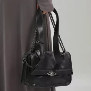 Glossy Black Moto Shoulder Bag with Chain Strap