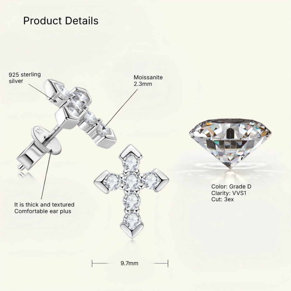Sparkling Sterling Silver Cross Earrings with Brilliant Moissanite - Image 3