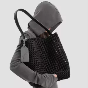 Soft Woven Bucket Shoulder Bag with Tie-Strap Closure