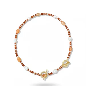 Gold-Tone Red Agate Pearl Beaded Necklace
