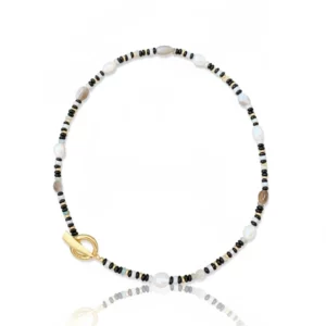 Gold-Tone Black Onyx and Mother-of-Pearl Beaded Necklace