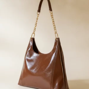 Glossy Vintage Shoulder Tote Bag with Gold Chain Detail