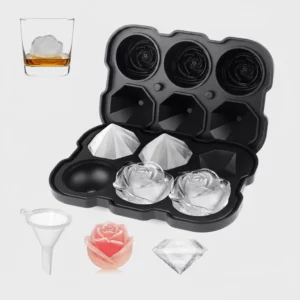 3D Silicone Ice Mold with Rose and Diamond Shapes, Snug-Fit Lid and Small Funnel