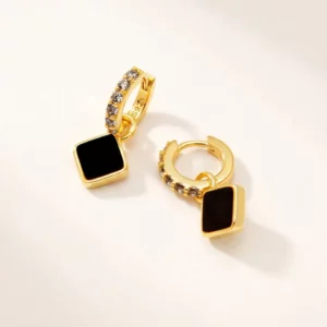 Gold-Plated Black Onyx Hoop Earrings with Crystal Accents & Lightweight Design