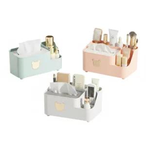 Two-Tier Desktop Tissue Box Organizer with Phone Holder & Multi-Compartment Storage