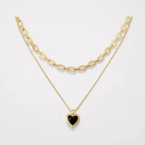 Black Agate Heart Pendant Layered Necklace Set