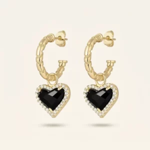 Black Heart Crystal Drop Hoop Earrings