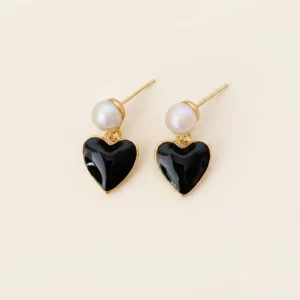 Black Heart Pearl Drop Stud Earrings