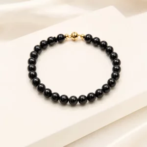 Black Onyx Beaded Bracelet with 18K Gold-Plated Clasp & Stretch Fit