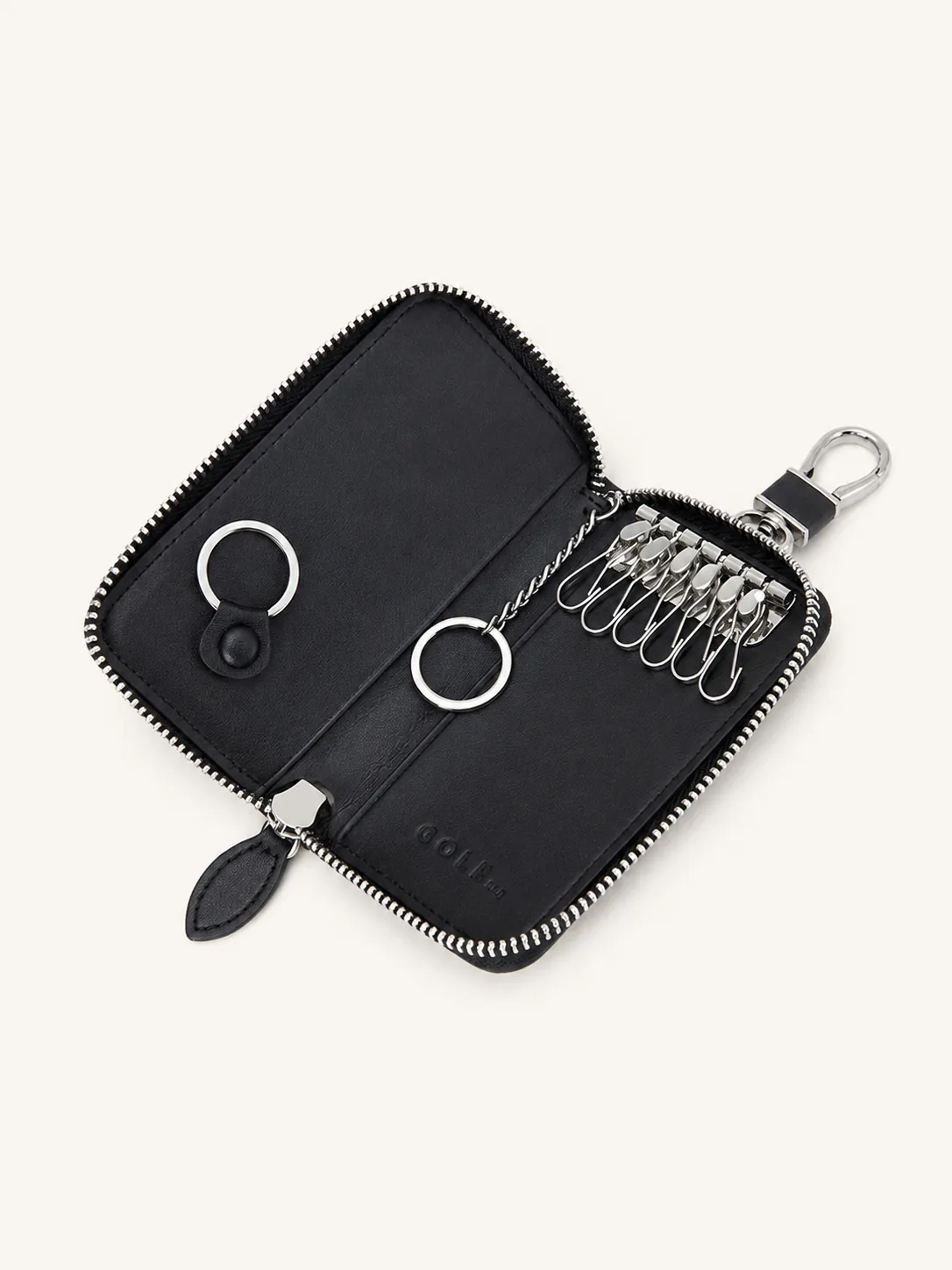 Black PVC Zippered Key Organizer Pouch with 6 Hooks & Clip - Image 3