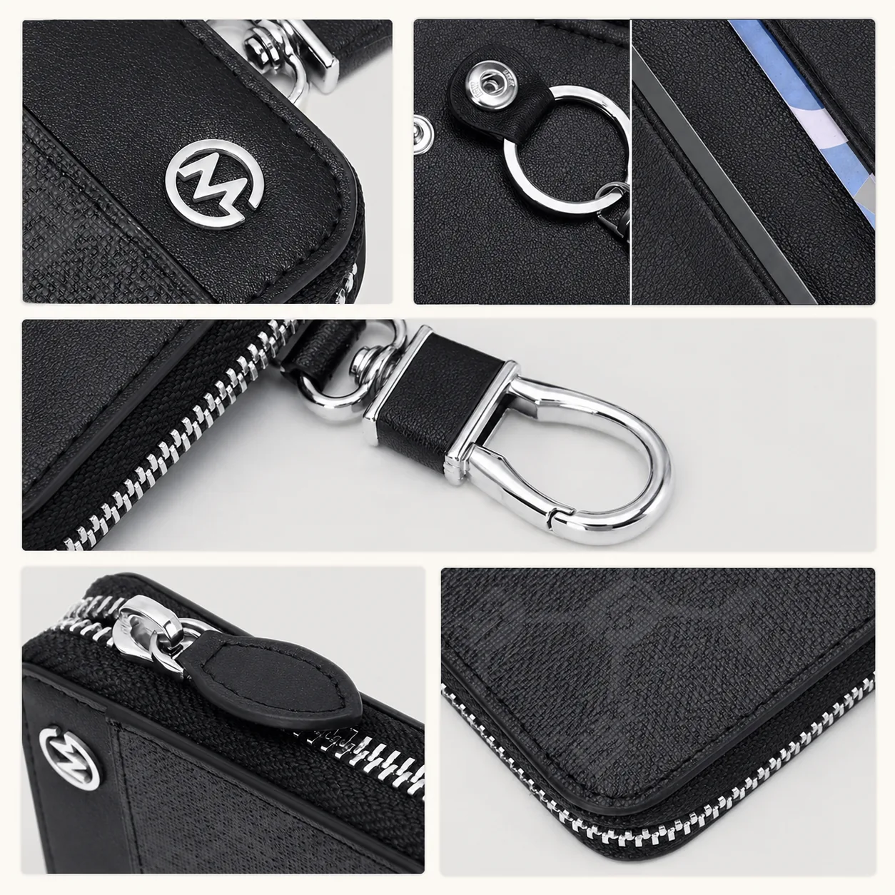 Black PVC Zippered Key Organizer Pouch with 6 Hooks & Clip - Image 4
