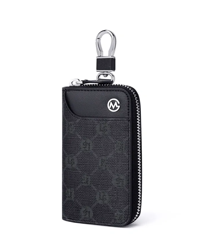 Black PVC Zippered Key Organizer Pouch with 6 Hooks & Clip