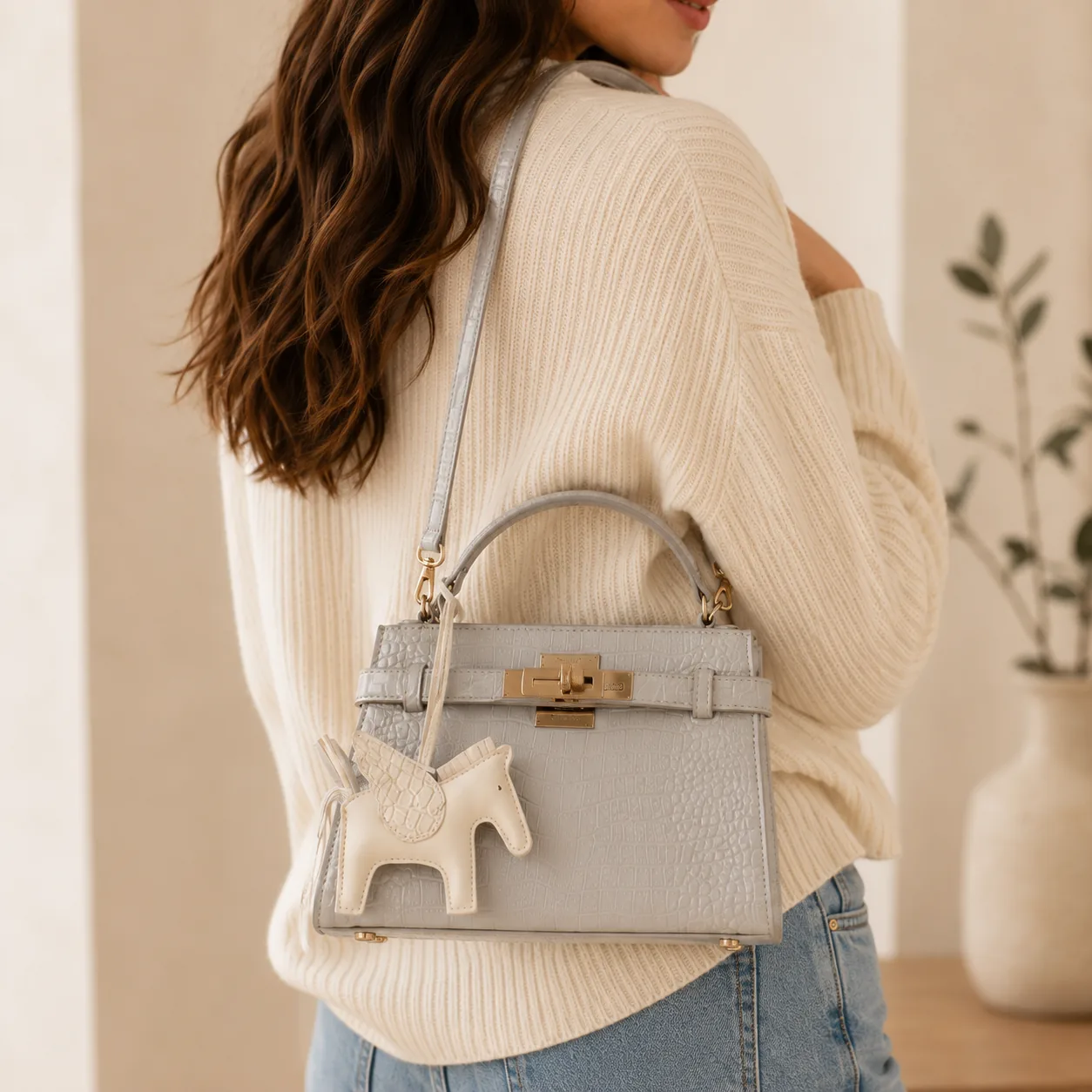 Croc-Texture Top Handle Bag with Adjustable Strap & Compact Storage - Image 6