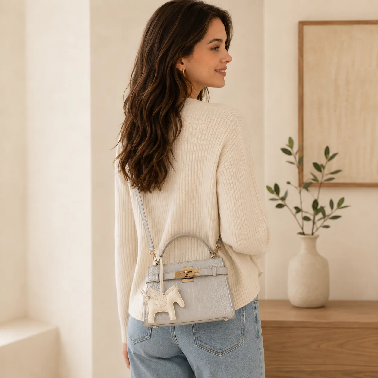 Croc-Texture Top Handle Bag with Adjustable Strap & Compact Storage - Image 5