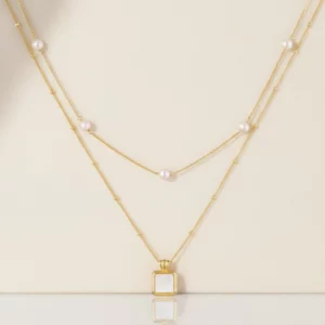 Layered Mother-of-Pearl Pendant Necklace Set with Freshwater Pearl Chain & Adjustable Length