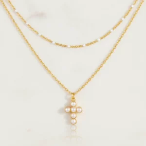 Pearl Cross Pendant Layered Necklace Set