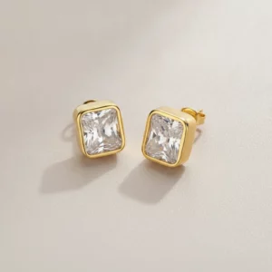 Square Crystal Stud Earrings with Gold-Tone Finish & Lightweight Design