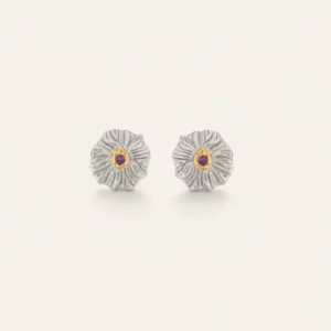 Sterling Silver Daisy Stud Earrings with Textured Finish & Crystal Accent