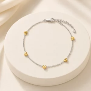Sterling Silver Heart Bracelet with 18K Gold Accents & Adjustable Chain