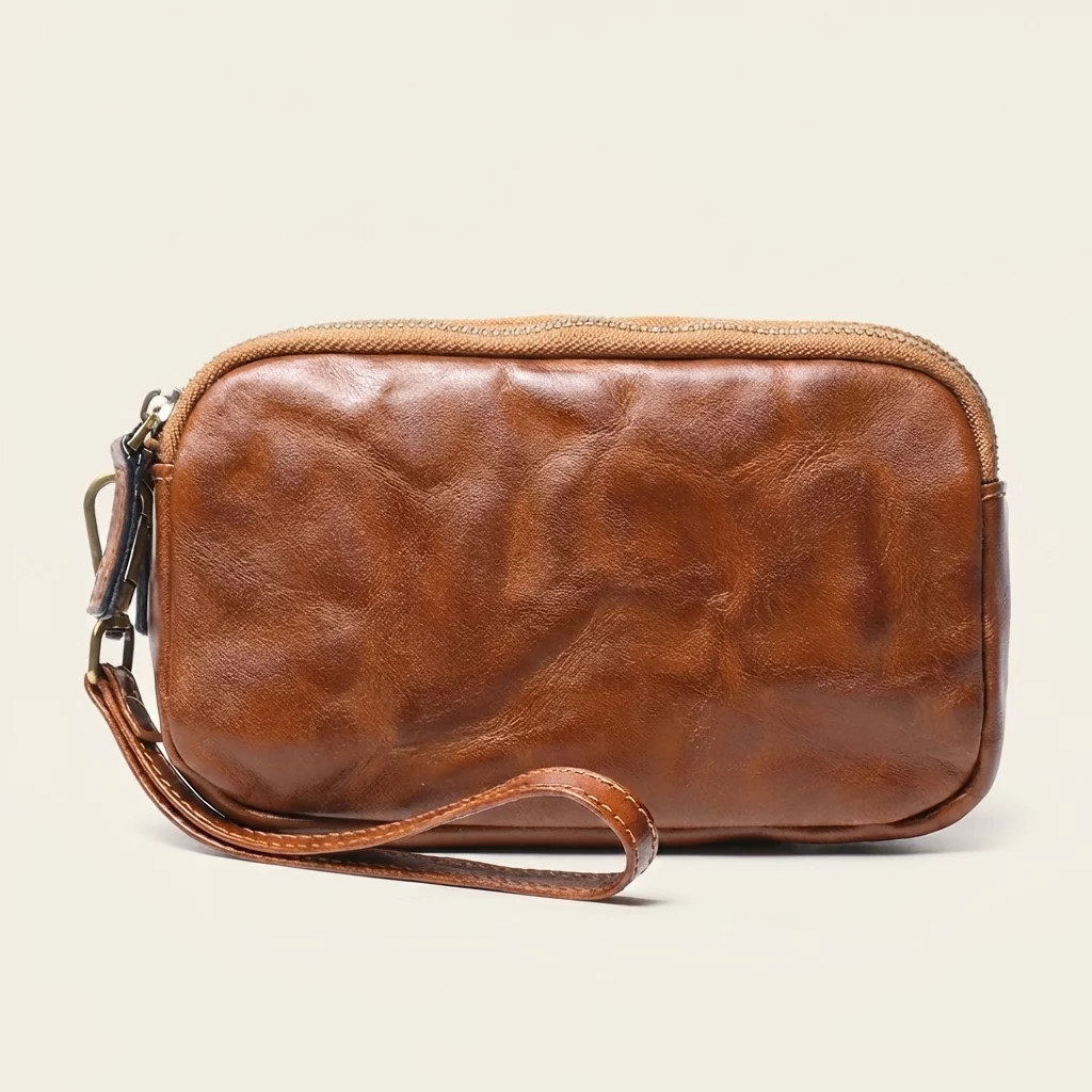 Vintage Brown Cow Leather Zip Pouch Wallet
