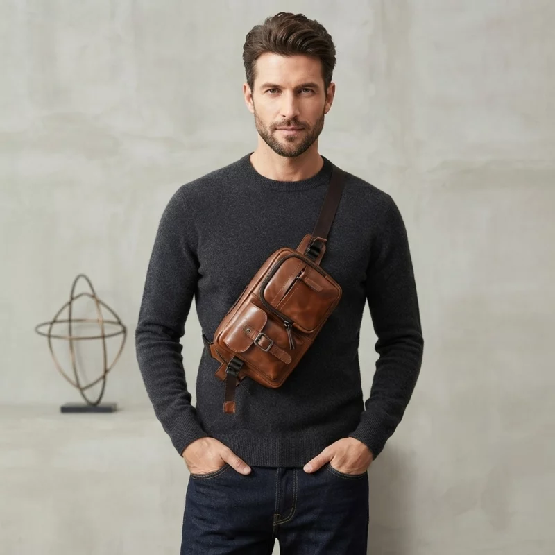 Vintage Brown Waxed Leather Sling Chest Bag - Image 4