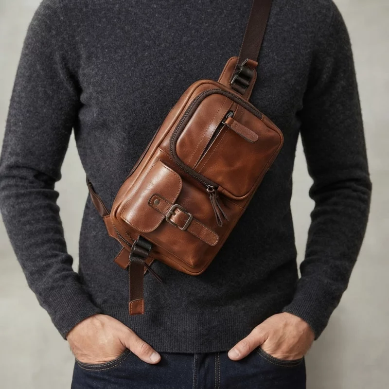 Vintage Brown Waxed Leather Sling Chest Bag - Image 5