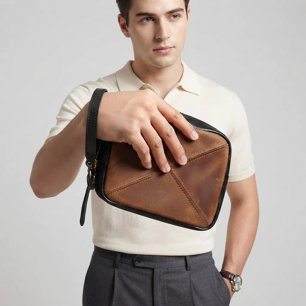 Vintage Two-Tone Leather Wristlet with X-Stitch Detail - Image 5
