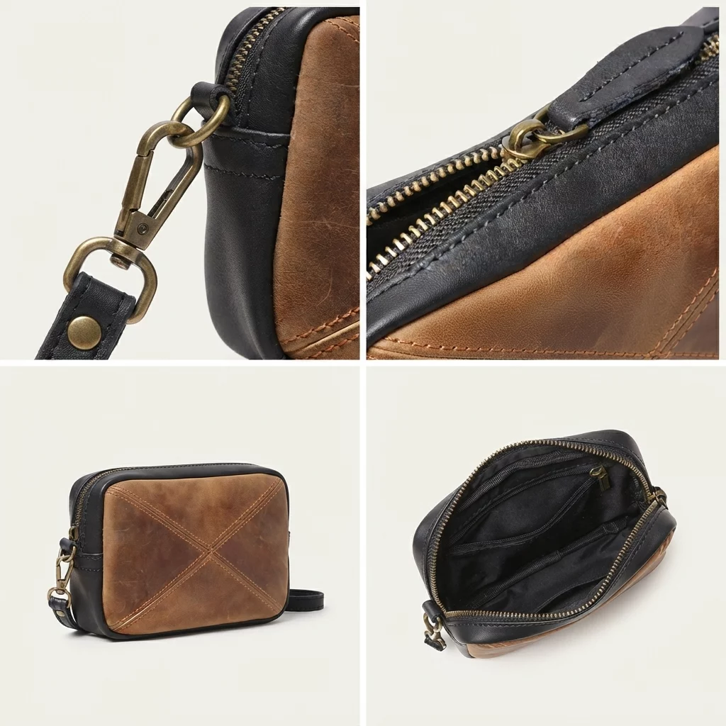 Vintage Two-Tone Leather Wristlet with X-Stitch Detail - Image 3
