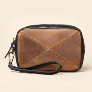 Vintage Two-Tone Leather Wristlet with X-Stitch Detail