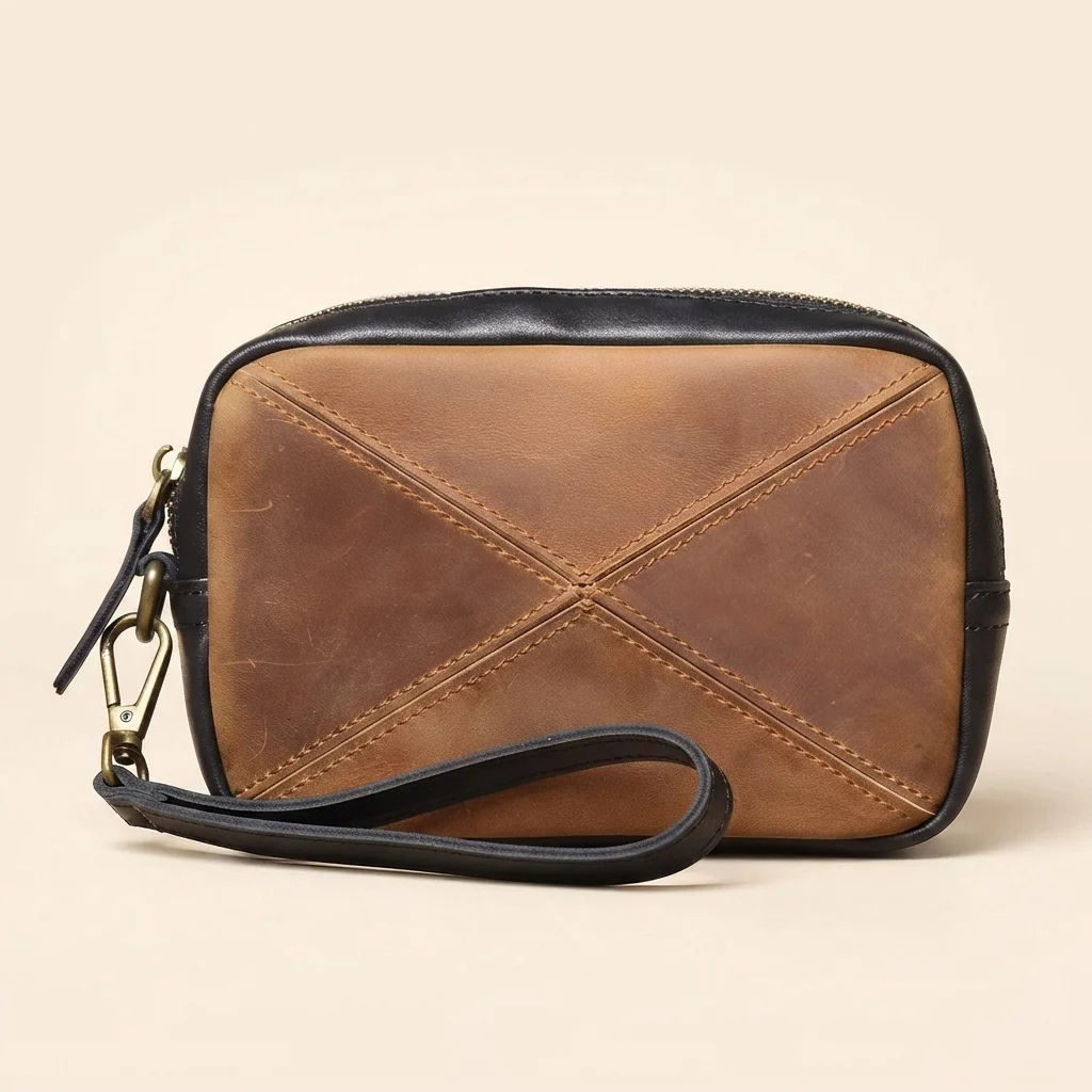 Vintage Two-Tone Leather Wristlet with X-Stitch Detail