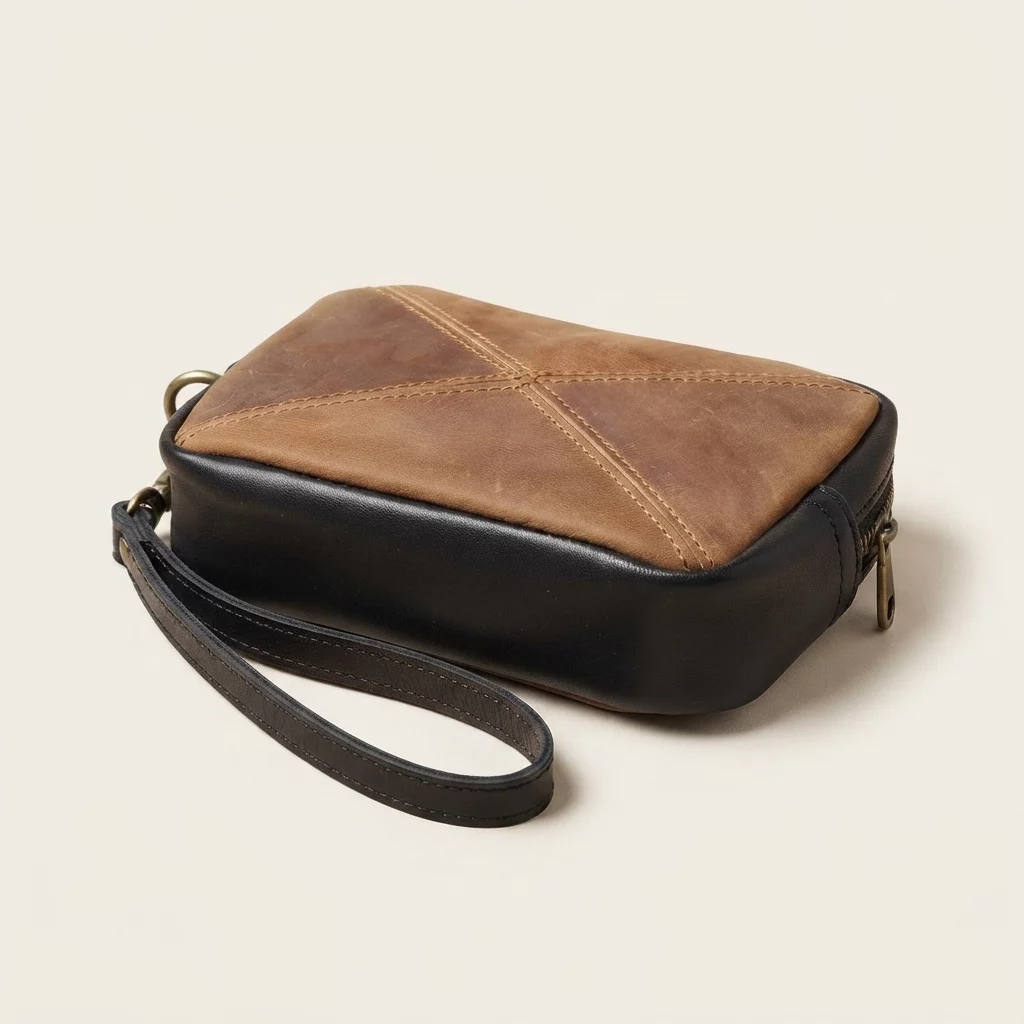 Vintage Two-Tone Leather Wristlet with X-Stitch Detail - Image 4