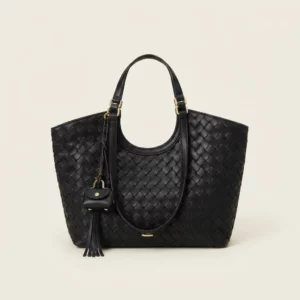 Woven Leather-Style Commuter Tote Bag in Classic Black